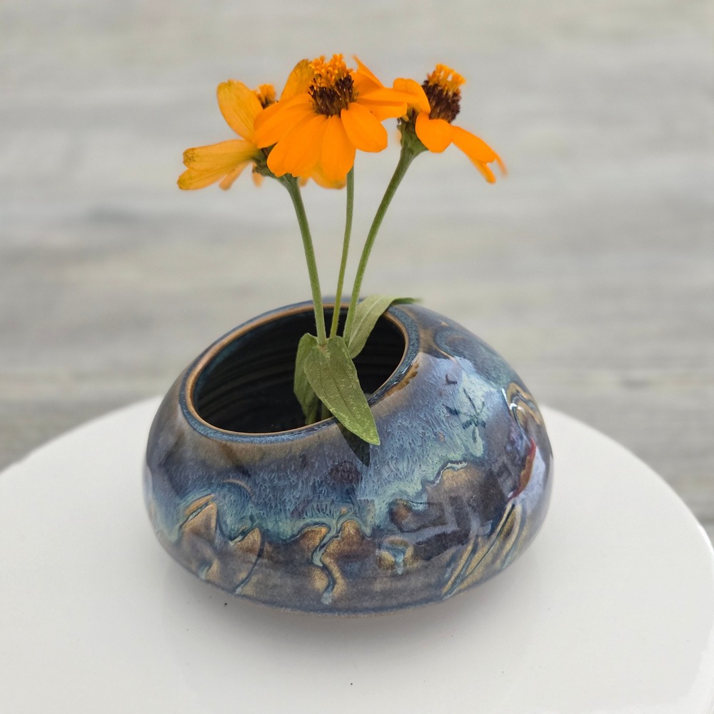 Studio Pottery Ikebana Vase Signed Blue Drip Glaze Ceramic Flower Frog Small 4in